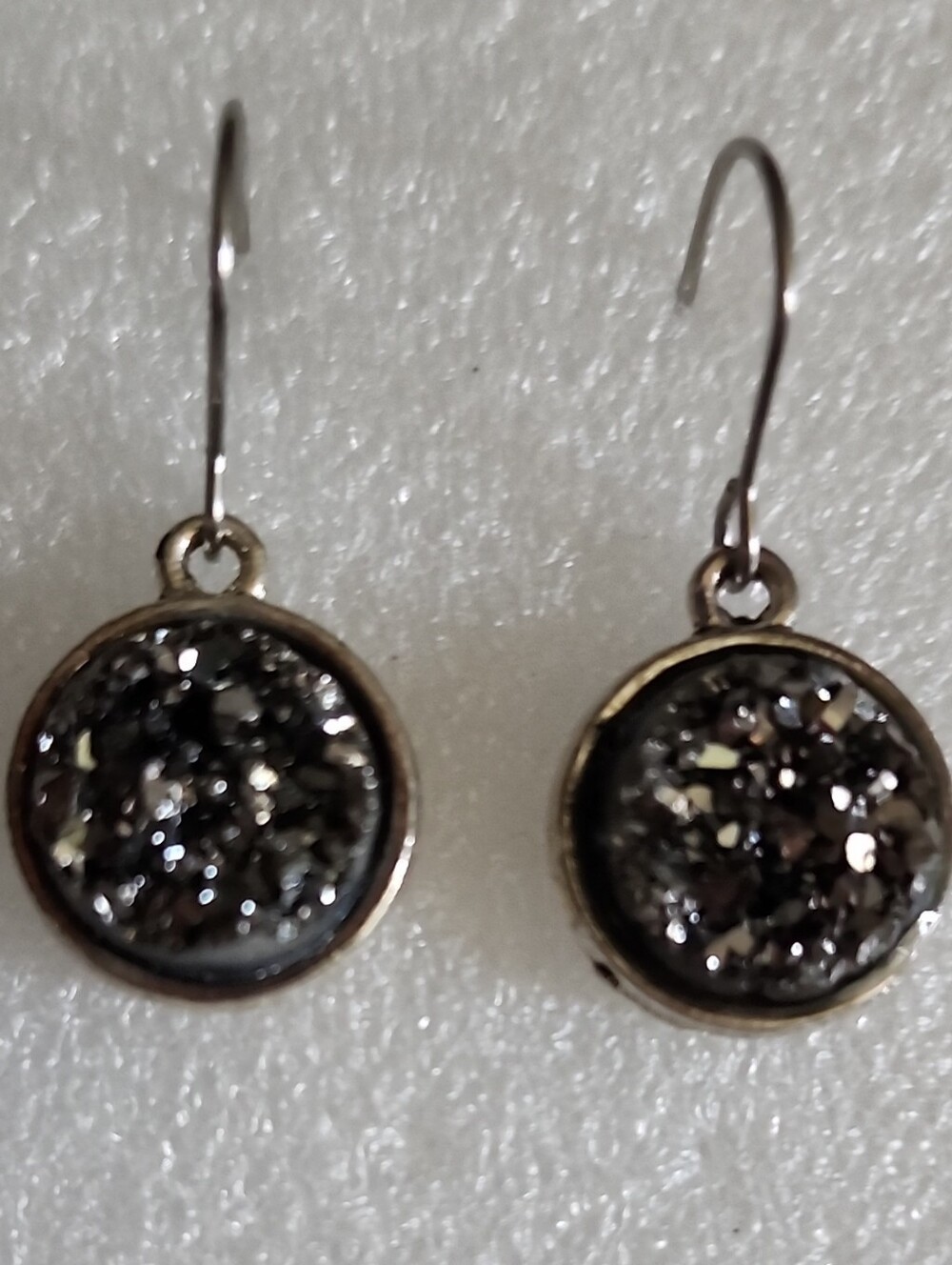 Hand Crafted Silver-Trim Black Druzy Round Drop Earrings